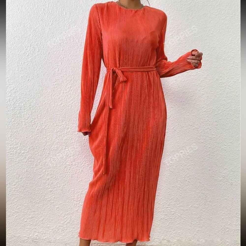 Elegant Orange Pleated Dress